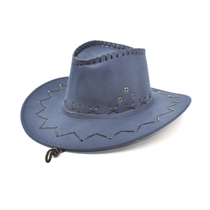 Detail of dark blue faux suede cowboy hat with black whipstitch edges and windproof cord