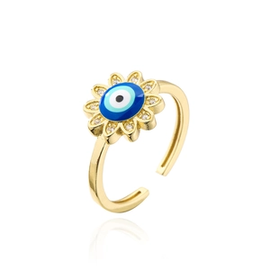Close-up of gold plated sunflower ring with zircon petals and blue enamel evil eye detail