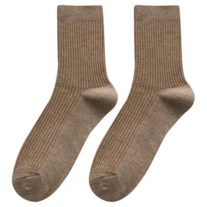 Brown ribbed cotton business crew socks with breathable vertical stripes in a flat lay view