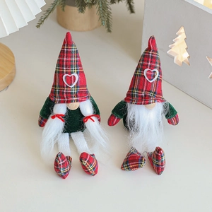 Christmas Gnome Plush Doll Faceless Tomte Ornament Tartan Hat With Heart Long Knitted Legs White Beard Braids Home Decoration