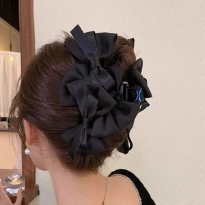 French style large black satin bow hair claw clip for women's elegant hairstyle