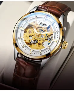 Macro detail of men's skeleton mechanical watch with silver case and brown leather strap