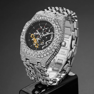 Silver iced-out mechanical watch for men featuring full diamonds and skeleton movement