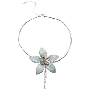 Silver snake chain necklace featuring a blue mesh flower pendant with metallic tassels