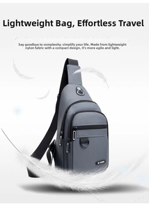 Detailed view of lightweight grey waterproof nylon chest bag featuring multiple zipper pockets