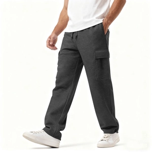 Men's dark grey cargo joggers in a relaxed fit with side pockets and a drawstring waist