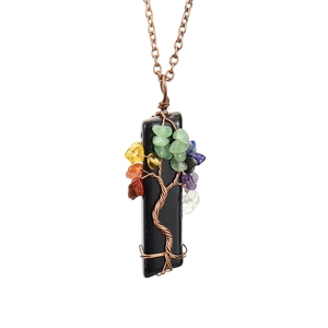 Detail of handmade Tree of Life wire wrapped pendant with natural colorful crushed stones