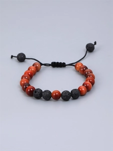 Adjustable 8mm red tiger eye and black volcanic lava stone beaded bracelet for men