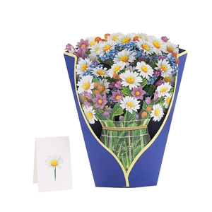 Detail of 3D pop-up greeting card featuring a paper flower bouquet in a glass vase
