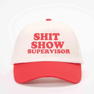 Retro cream and red color-block baseball cap featuring SHIT SHOW SUPERVISOR text print
