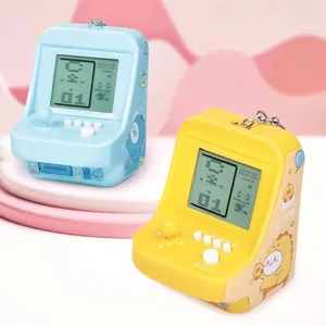 Mini handheld tetris game console keychain in macaron blue and bright yellow colors
