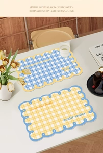 Detail of scalloped edge checkered placemats in sky blue and yellow colors
