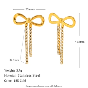 Detailed dimensions of gold bow tassel earrings in 18K gold plated stainless steel