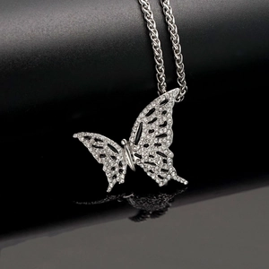 Hip hop stainless steel necklace featuring a silver butterfly pendant with crystal rhinestones