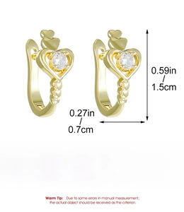 Detailed size specifications of the gold heart earrings with cubic zirconia stones