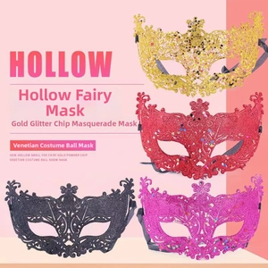 Detail showing glittery cutout fox masks in gold, red, black and pink for masquerade events