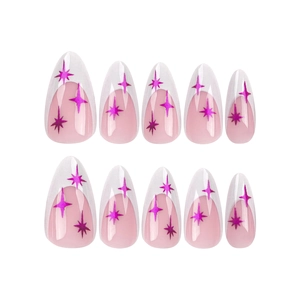 French tip press on nails with purple starburst laser pattern on translucent base