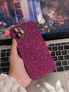 Detail of luxury purple glitter diamond case with lens protection for iPhone 17 Pro Max