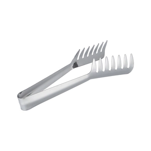 Polished stainless steel spaghetti tongs with comb teeth for pasta and salad serving