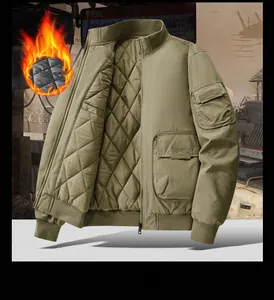 Detailed view of khaki bomber jacket featuring quilted thermal lining and utility pockets