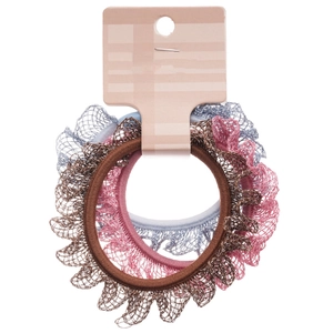 Ensemble de trois chouchous élastiques avec bordure en dentelle bleu rose et marron