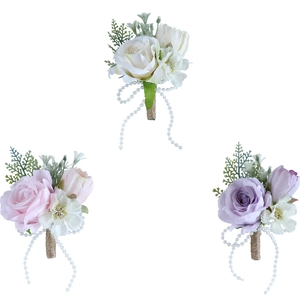 Elegant artificial wedding boutonniere set with pink and white roses, pearls and rustic hemp rope