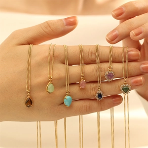 18K gold-plated necklace with micro-pave heart and teardrop gemstone pendants