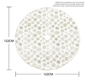 White plush Christmas tree skirt with gold foil snowflakes measuring 122cm in diameter
