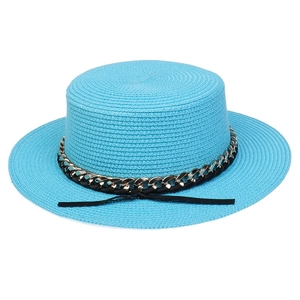 Detail of sky blue straw hat featuring woven texture and gold chain decorative band