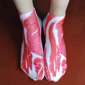 3D realistic bacon meat print ankle socks with creative red and white marbled pattern