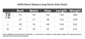 Size chart for yoga bodysuit with chest pad measurements for S, M, L and XL sizes