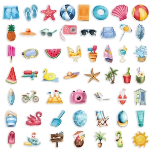 Detailed view of 50 watercolor summer beach theme PET stickers with tropical motifs
