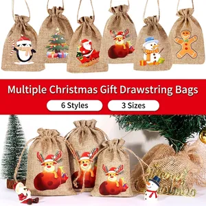 Christmas Gift Bag Burlap Drawstring Pouch Holiday Candy Favors Cartoon Pattern Decorative Hessian