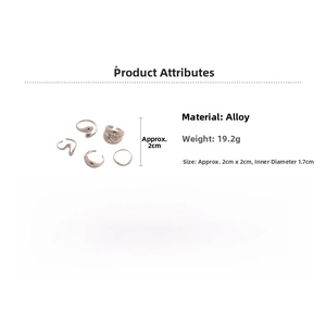 Detail showing five-piece silver alloy ring set with various textures and 1.7cm inner diameter