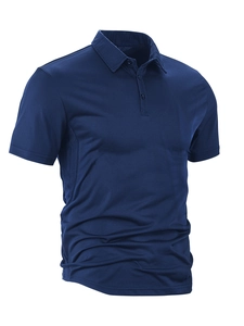 Close-up of three-button placket and collar detail on a dark blue men's polo shirt