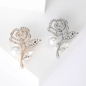 Rose Flower Brooch Alloy Rhinestone With Faux Artificial Pearl And Crystal Elegant Fashion Jewelry For Women Clothing Decoration