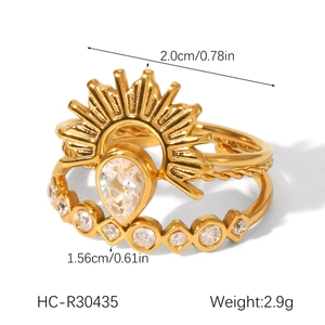 Detail of 18k gold plated ring set with sunburst zircon design and size measurements