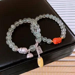 Green Phantom Crystal Bracelet With 925 Sterling Silver Lotus Pod Beeswax South Red Agate Retro Chinese Style Jewelry