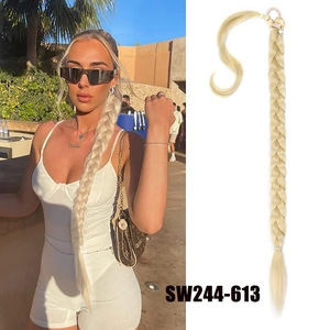 Macro detail of 80cm blonde braided ponytail extension with wrap-around hair ring design
