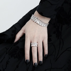 S925 sterling silver pleated cuff bracelet and ring set with micro-inlaid zirconia