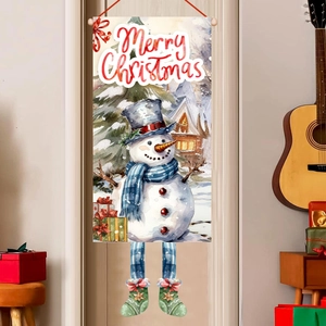 Christmas Snowman Hanging Flag Polyester Watercolor Merry Christmas Door Banner Holiday Decoration With Long Legs