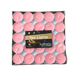 Pack of 25 pink smokeless tea light candles in brown cardboard tray and clear plastic wrap