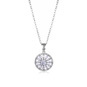 Minimalist silver chain necklace with a round purple crystal flower pendant and zircon inlay