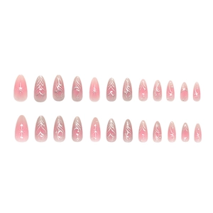 Pink blush gradient almond nails with 3D silver lines and pearls 24pcs set