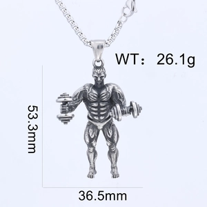 Vue détaillée du pendentif culturiste avec dimensions de 53,3 mm de haut et 36,5 mm
