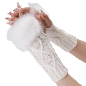 White knitted fingerless arm warmers with diamond pattern and faux fur trim for women