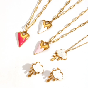 18k gold plated stainless steel heart and cloud enamel necklace and earrings jewelry set