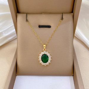 Elegant Oval Emerald Pendant Necklace Titanium Steel With Zirconia Cluster Gold Plated Jewelry Women
