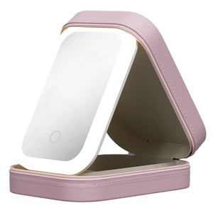 Pink faux leather makeup storage case with integrated LED lighted mirror and touch switch
