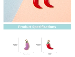 Detail showing dimensions of mini eggplant and chili pepper enamel pendants for DIY jewelry